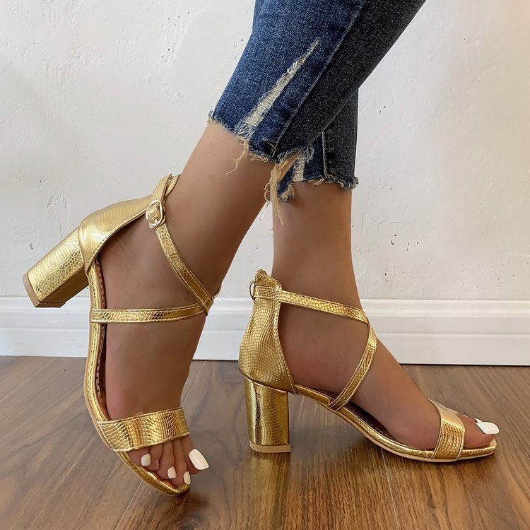 Gold sandals female thick with women shoes High heels Large size 35 36 37 38 39 40 41 New fashion Fish beak Buckle sandals CRRSHOP silvery shoes