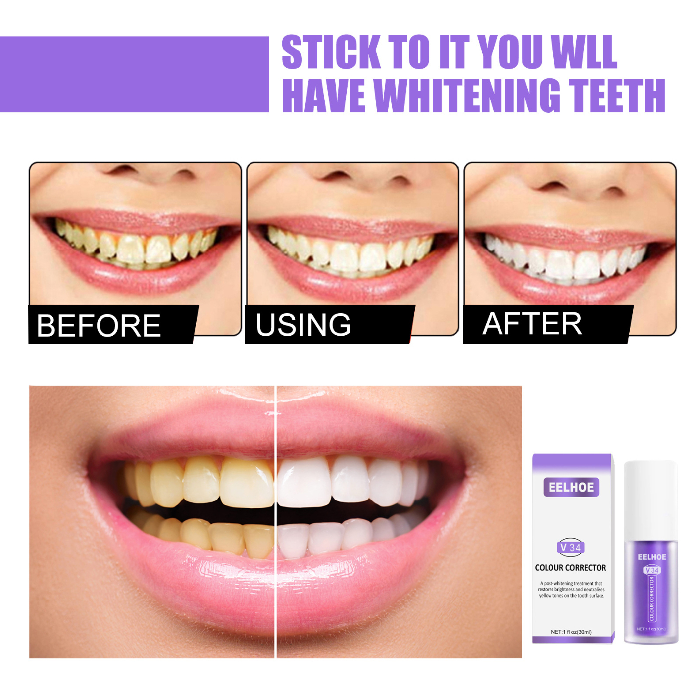 V34 Colour Corrector and Nhpro Enamel Care Toothpaste Kit, Purple Toothpaste for Teeth Whitening and Teeth Cleaning