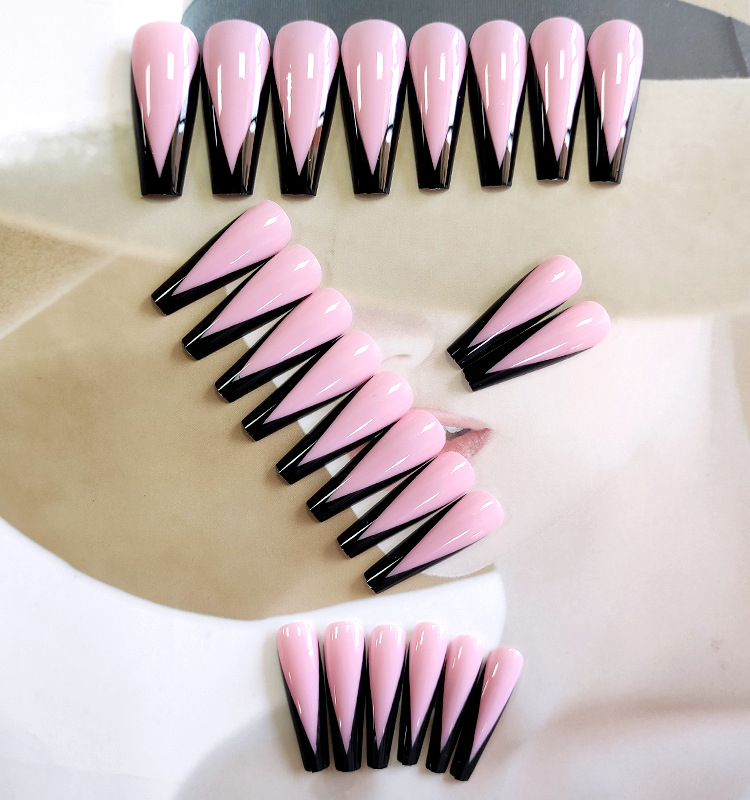 24Pcs/Set Pink Black Design False Nail French Stiletto Full Cover Fake Nails Glue DIY Manicure Nail Art Tools