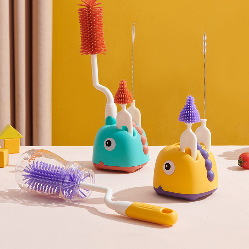 123-120 Newborn Bottle Brush Silicone Brush for Baby Bottle Pacifier Cleaning Brush Nipple Dropper Brushes Set with Base Baby Item