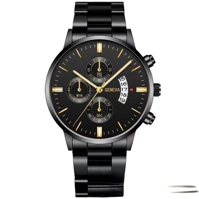 Calendar steel band watch men's large dial quartz watch men's watch foreign trade men's watch3 o'clock calendar black gold
