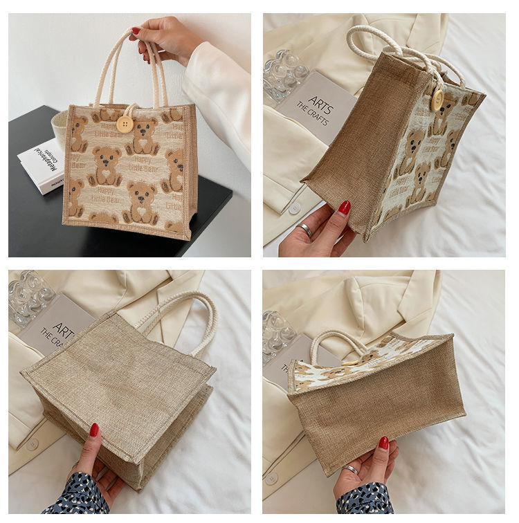 Cute Bear Pattern  Lunch Bag Flax Girl Student Handbag Outdoor Handbag Casual Lunch Bag Underarm bag
