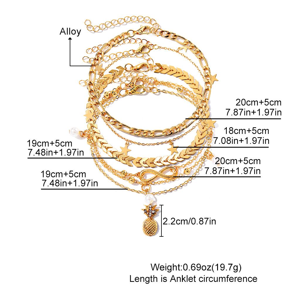 Beach Metal pineapple and Pearl anklet set retro multi-layer pendant anklet for girls advanced sense foot accessories HS1318