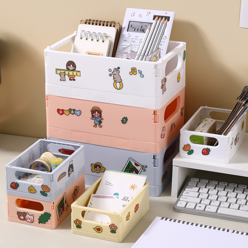 SH900 Foldable Mini Storage Box Cute Cartoon Stickers Melody Desktop Sundry Basket Kawaii Cinnamoroll Cosmetic Storage Box