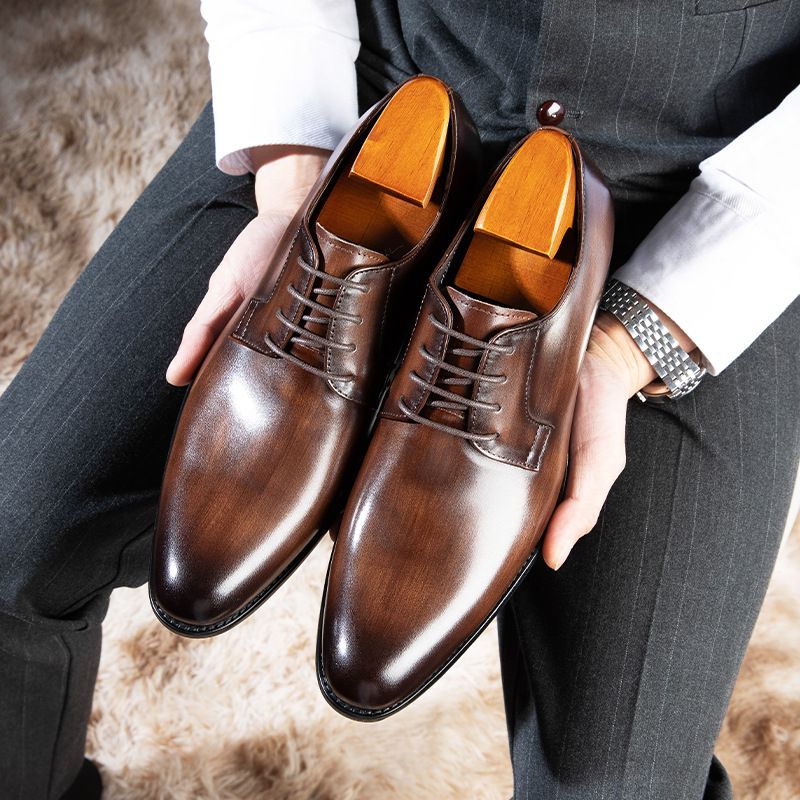 Shoes Men Wood Grain Business Leather Shoes Men's Breathable Lace up Handmade Wiped Color Shoes