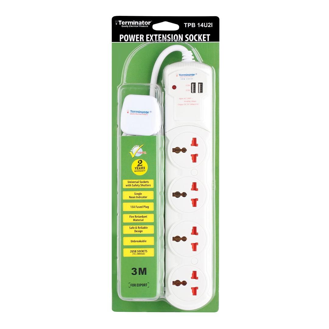 4 Way Universal Power Extension Socket 2 USB Socket 13A Plug