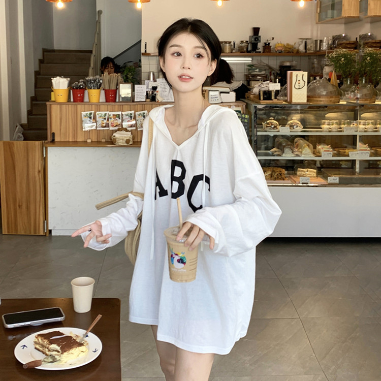 8089 Women's Fashion Loose Letter Print Hooded Thin Long Sleeve Sunscreen T-shirt