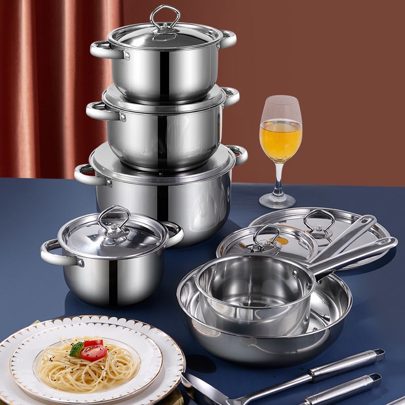 15-piece Stainless steel pot set thick composite bottom silver Cooking Pots frying pan soup pot milk pot spoon soup spoon stir fry spoon cookware set