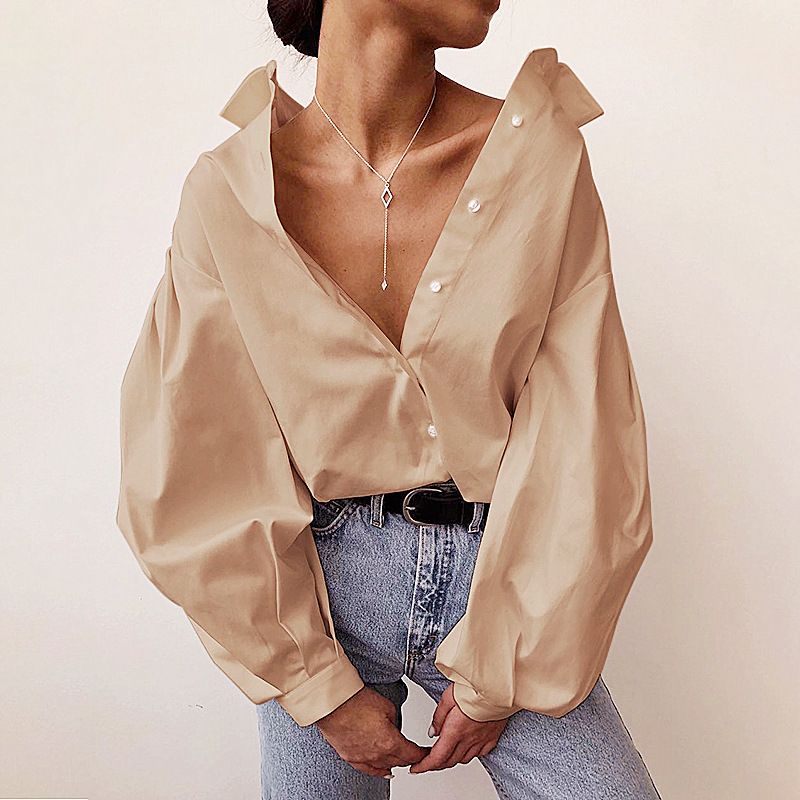 5656 Women's Autumn and Winter New Solid Color Lantern Sleeves Top Lapel Long Sleeve Shirt