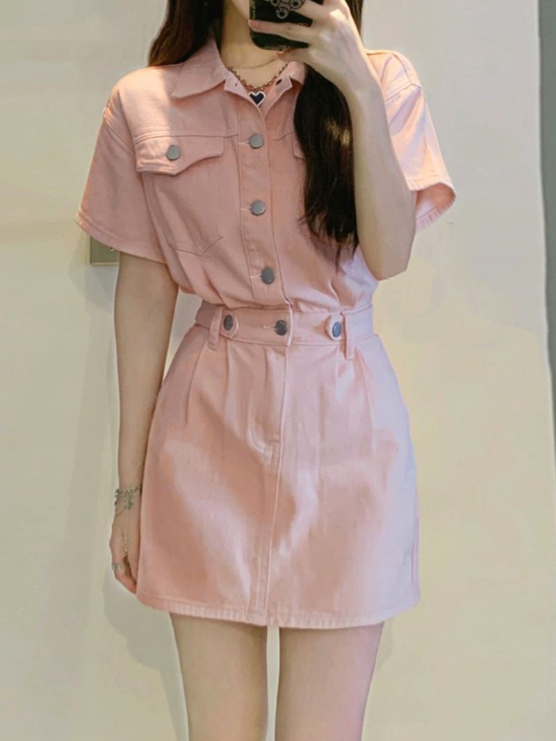 XN822 Sexy Women Acid Washed Flap Detail Button Front Denim Shirt Dress