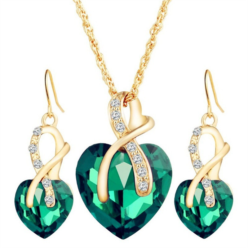 Huadeer Vintage Female Rainbow Crystal Jewelry Set Charm Gold Color Dangle Earrings For Women Simple Love Heart Wedding Chain Necklace