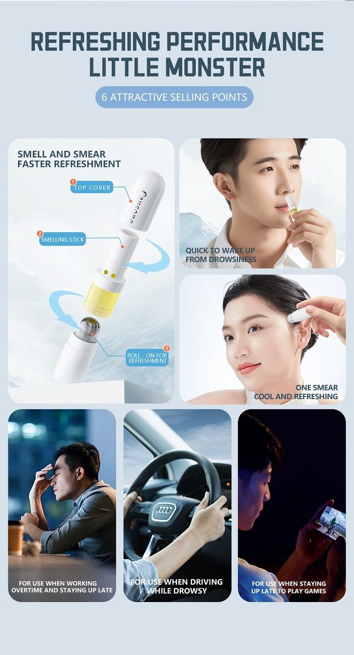 CAUSONE Thai Double-ended Nasal Inhaler, Lemon Mint Scent Eight Immortals Stick with Massage Roller Ball, Dual Use Aromatherapy Nasal Stick for Refreshing and Mind Boosting
