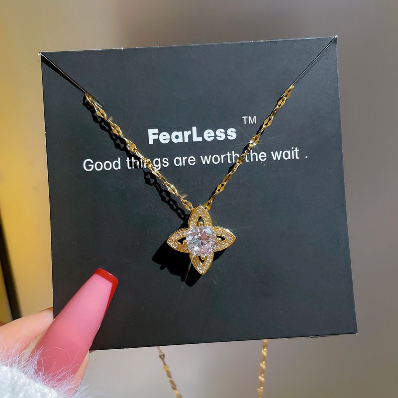 Ins‑Style Four‑Pointed Star Zircon Pendant Necklace For Women, Luxury Niche Geometric Design Clavicle Chain, Fashion Golden Jewelry Gift For Daily Dating Party Wear
