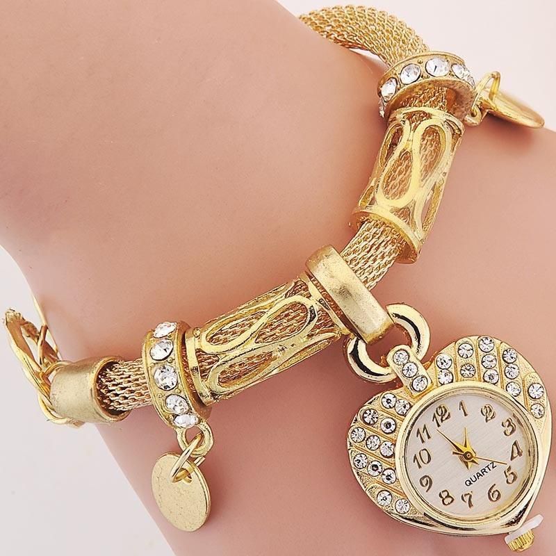 Digital Watch Heart-Set Diamond Bracelet Watch Gold Silver Rhinestone Love Quartz Watch