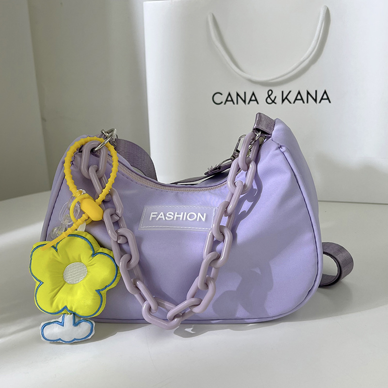 QS9176 Ladies Nylon Shoulder Handbags Messenger Bag With Flower Pendant Acrylic Handle Nylon Underarm Bag