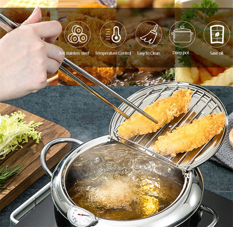 Ultron Japanese Deep Fryer With Thermometer and Lid 304 Stainless Steel Kitchen Tempura Fryer Pan Fryer Without Oil Frying Pan Fryer