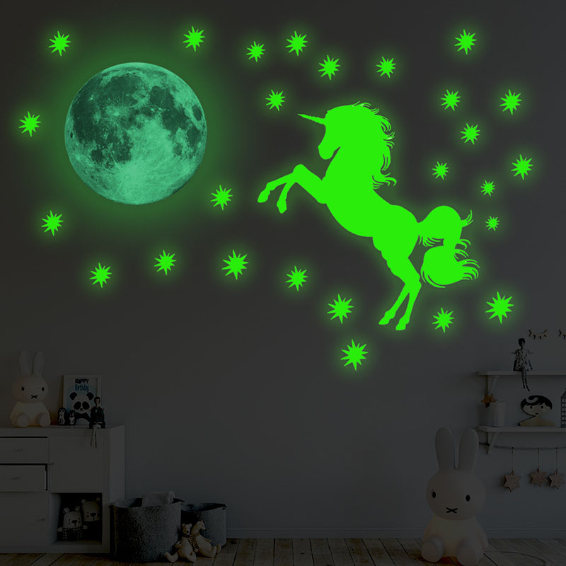 Luminous Cartoon Unicorn Moon Wall Sticker Fluorescent Sticker Home Decoration Painting
