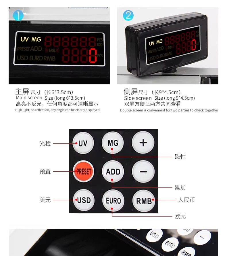 Vertical Smart Bill Counter UV MG IR Detection USD Euro RMB Multi-Currency Cash Counting Machine for Office Bank Store