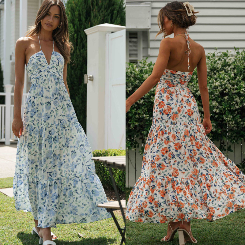 1823 Women Long Dress Elegant Sleeveless Tie-Up Halterneck Floral Dress