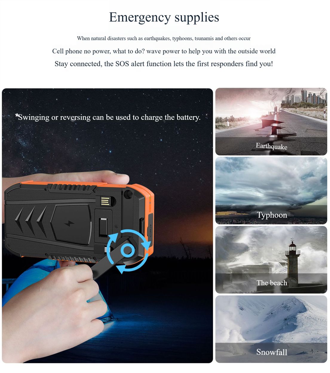 40000 mAh solar powered hand crank charger with built-in cable wireless charging PD 22.5W fast charging mobile power bank
