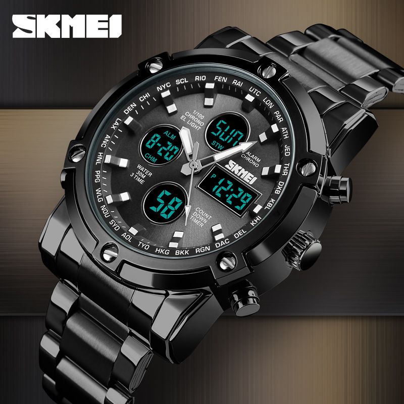 Time beauty fashion watch trend multi-functional three time large dial business men's electronic steel band watch