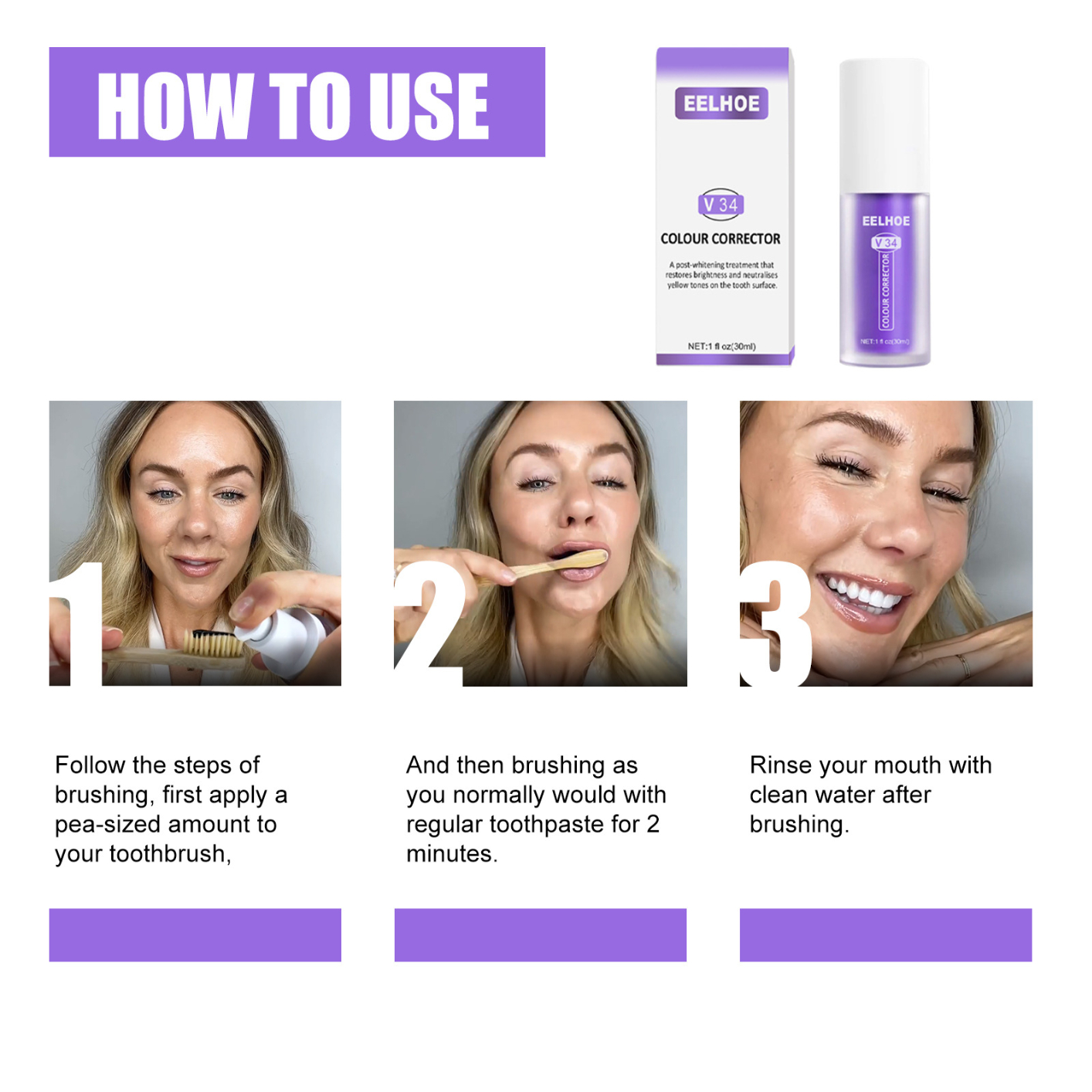 V34 Colour Corrector and Nhpro Enamel Care Toothpaste Kit, Purple Toothpaste for Teeth Whitening and Teeth Cleaning