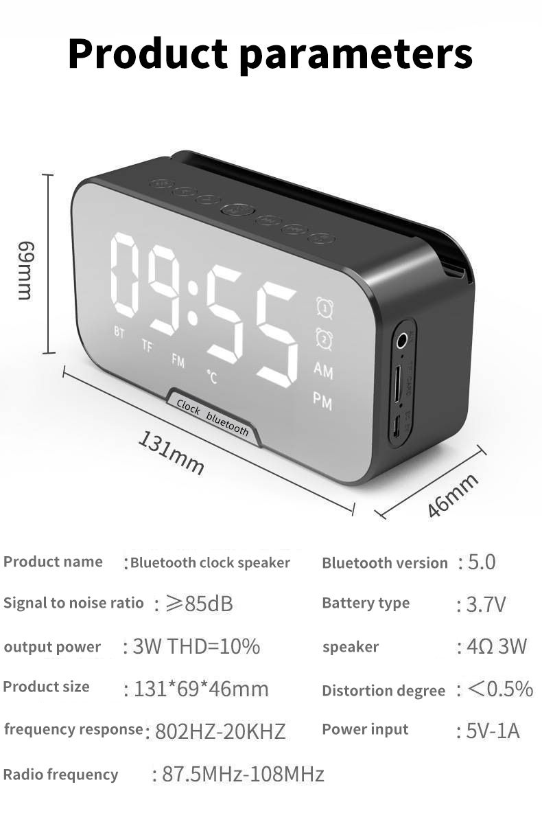 Digital  Alarm Clock Wireless Bluetooth 5.0 Speaker FM Radio