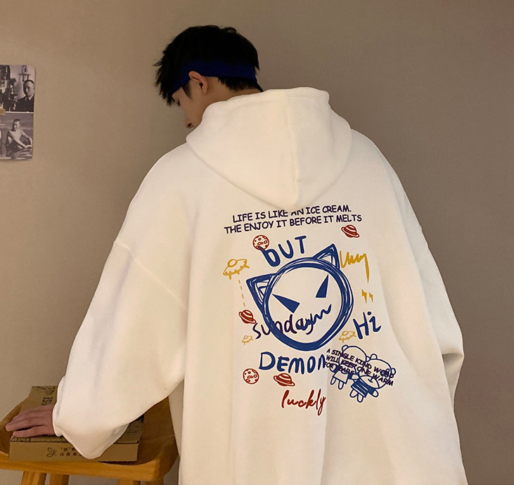 HHE Men's Autumn and Winter New Little Devil Hat Plus Velvet Top Loose Hooded Top
