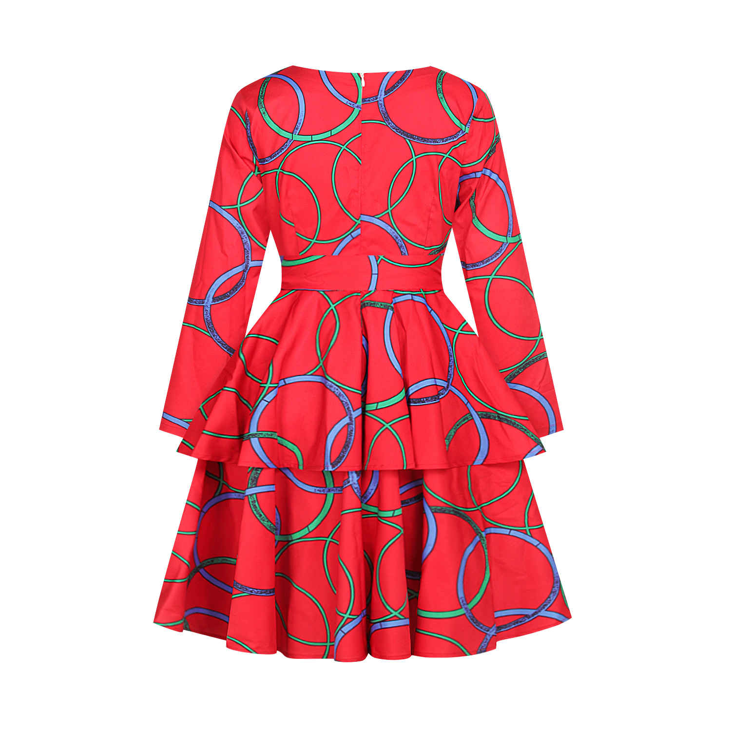 FQIG Women African Floral Print V Neck Long Sleeve Dress Dashiki Ruffle Swing Pleated Layered Ruffled Hem Party Dress