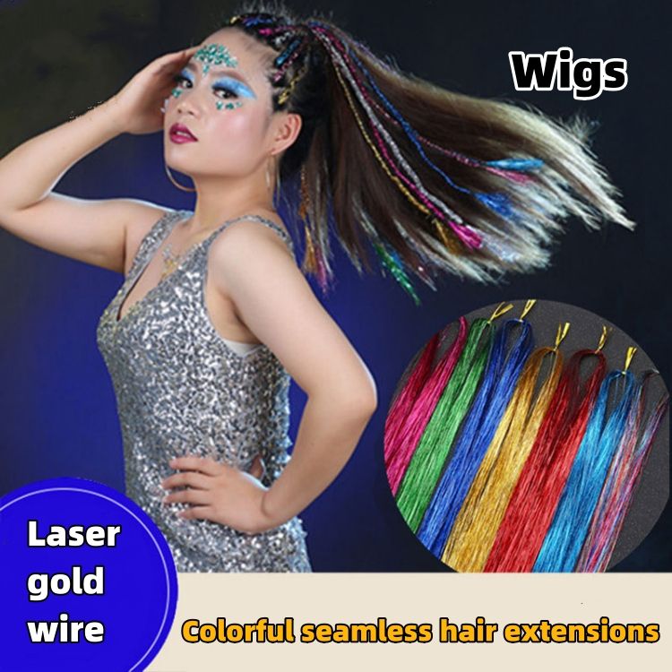 Wigs tinsel hair Laser gold wire shiny metal wire seven color seamless hair extensions CRRSHOP wigs beauty care hair dressing Festival hairstyle length 36 inches