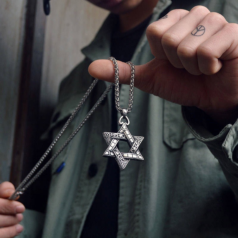 WELLHOME Kpop Star of David Pendant Israel Chain Necklaces for Men Women Judaica Silver Color Hip Hop Long Chain Jewish Jewelry Boys Gift