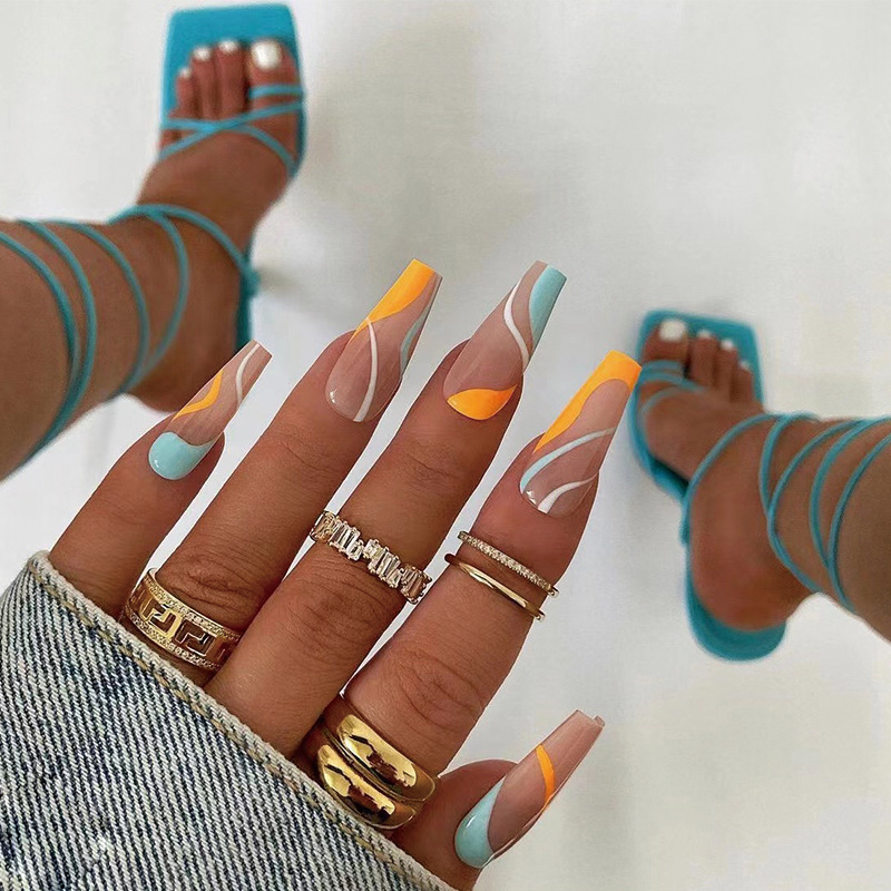 JP1761 24 Pcs Glossy Press on Nails, Super Long Coffin Yellow-Blue-White Contrast Lines Prints Fake Nails, Full Cover Artificial False Nails for Women and Girls