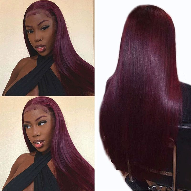 Ladies European and American wine red medium long straight hair high temperature silk chemical fiber full head wig 2362