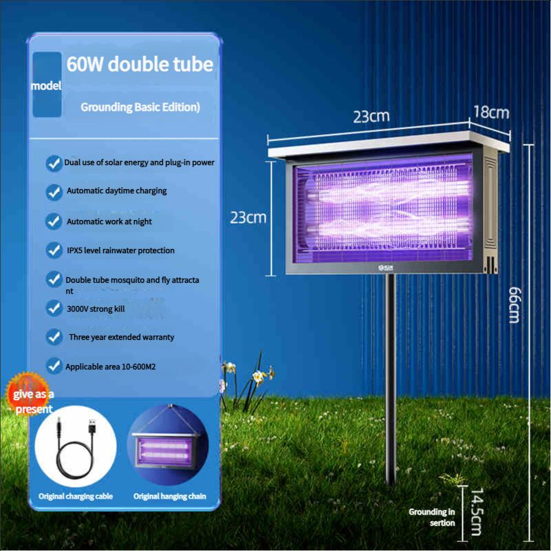 Solar-powered mosquito-killing lamp, outdoor courtyard and garden, outdoor waterproof fly-killing lamp, mosquito-repelling, camping, orchard, insect trapping and killing wonder60w