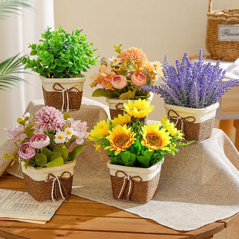 FZH18 Artificial Flowers Fake Silk Sunflower Flower in Planters Flower Vase Small Rustic Potted Flower Arrangements Artificial for Home Outdoors Tabletop Decor