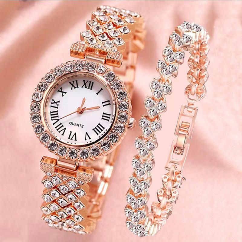 Diamond quartz watch + 1 pcs women's diamond bracelet - Fashion Roman pattern diamond inlaid women's watch quartz watch bracelet women's watch