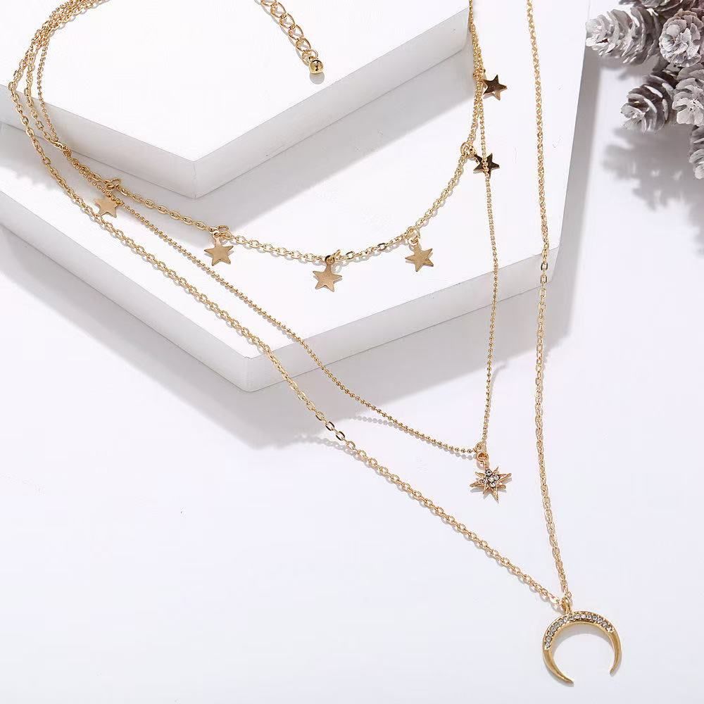 Fashion crystal sequin necklace temperament trend multi-layer metal pendant clavicle chain jewelry