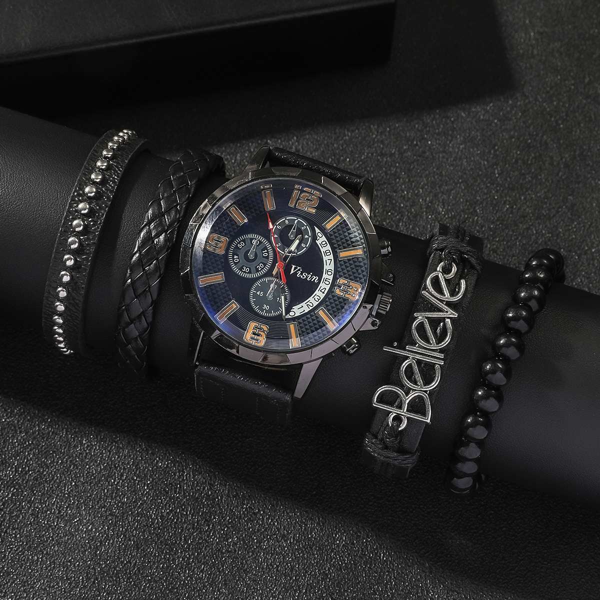 Round Men's Large Dial Leather Watch + English Braided Beaded Bracelet Set