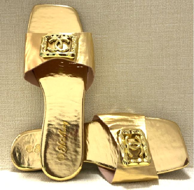 Women's Stylish Golden Flat Slide Sandals, Casual Smooth Pattern Summer Shoes, Lightweight Beach Shoes