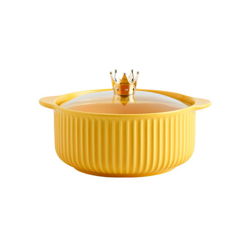 YH2020 Binaural Ceramic Noodle Bowl Hotel Western Restaurant Striped Soup Bowl Instant Noodle Bowl With Lid Double Ear Anti-slip Bowl
