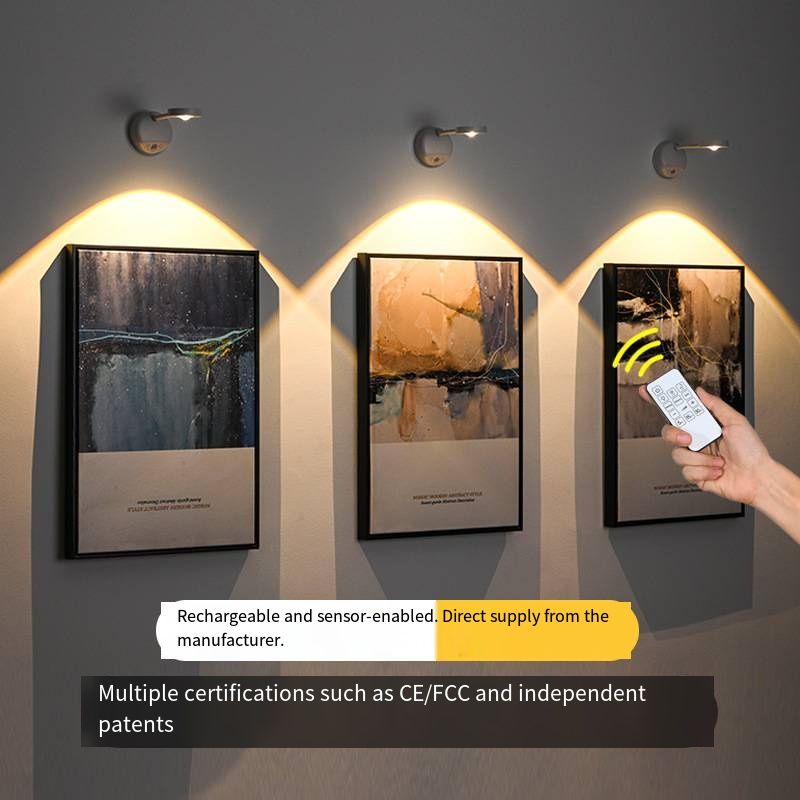 Wireless Rechargeable Wall Spotlight, Smart LED Human Body Induction Lamp with Remote Control, No Wiring Needed 360° Rotatable Indoor Picture Display Light, Magnetic Stick-on Ambient Night Light for Hallway Bedroom Art Decor