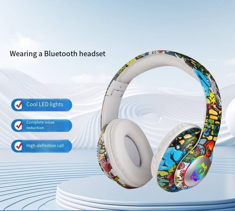 New Guochao Graffiti Over-Ear Bluetooth Headphones, Colorful LED Glowing Wireless Gaming Headset, Foldable Stereo Bass Headphone Support TF Card Playback with Mic for Game Music Sports