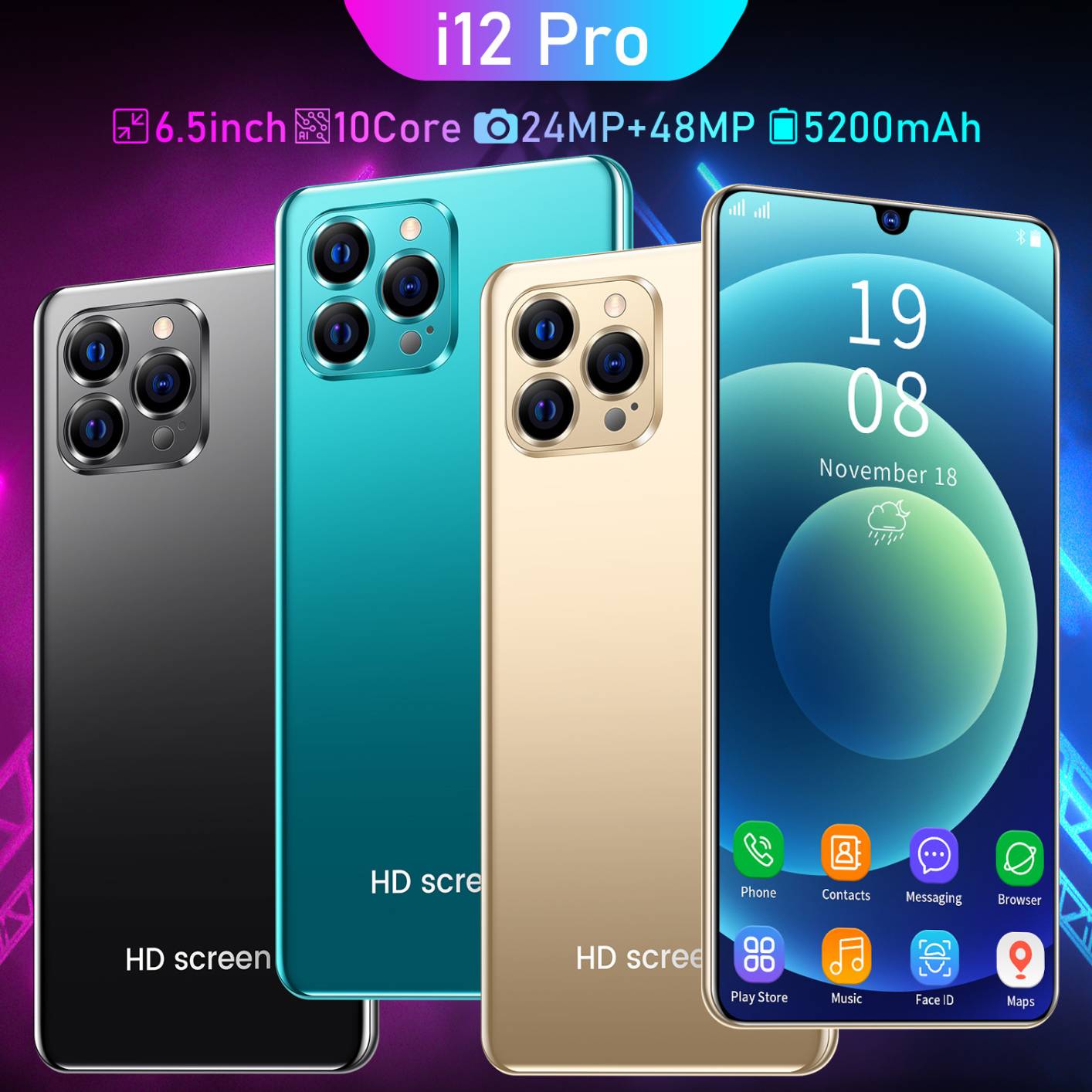 2022 Smartphone Android Phone I12 Pro Smartphone Deca Core 6.1 inch Mobile Phone Android Cell Phone UK Plug
