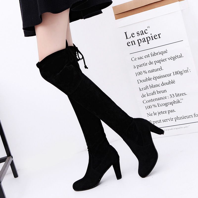 9527 Chunky Heels Shoes Fashion Pointed-toe Suede PU Leather Knee High Boots Women