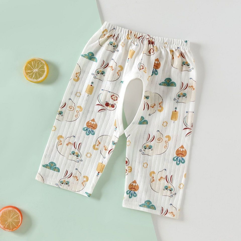 Baby Summer Open-Crotch Pants, Cute Printed Cotton 3/4 Pants, Breathable Casual Trousers for Toddler Infants, Sizes 73-110cm, Single Pack, Soft Baby Pants for Boys Girls
