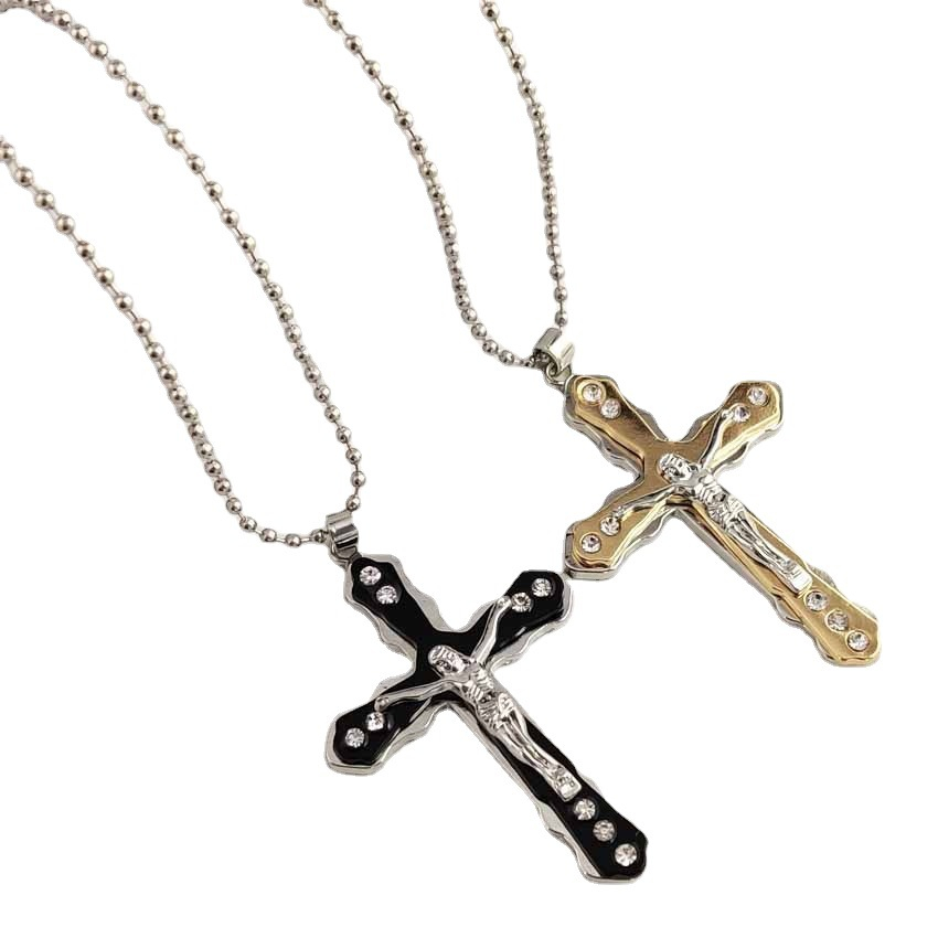 00513-1 Fashion Men Jewelry Stainless Steel Cross Jesus Pendant Necklace With Diamond Rhinestone