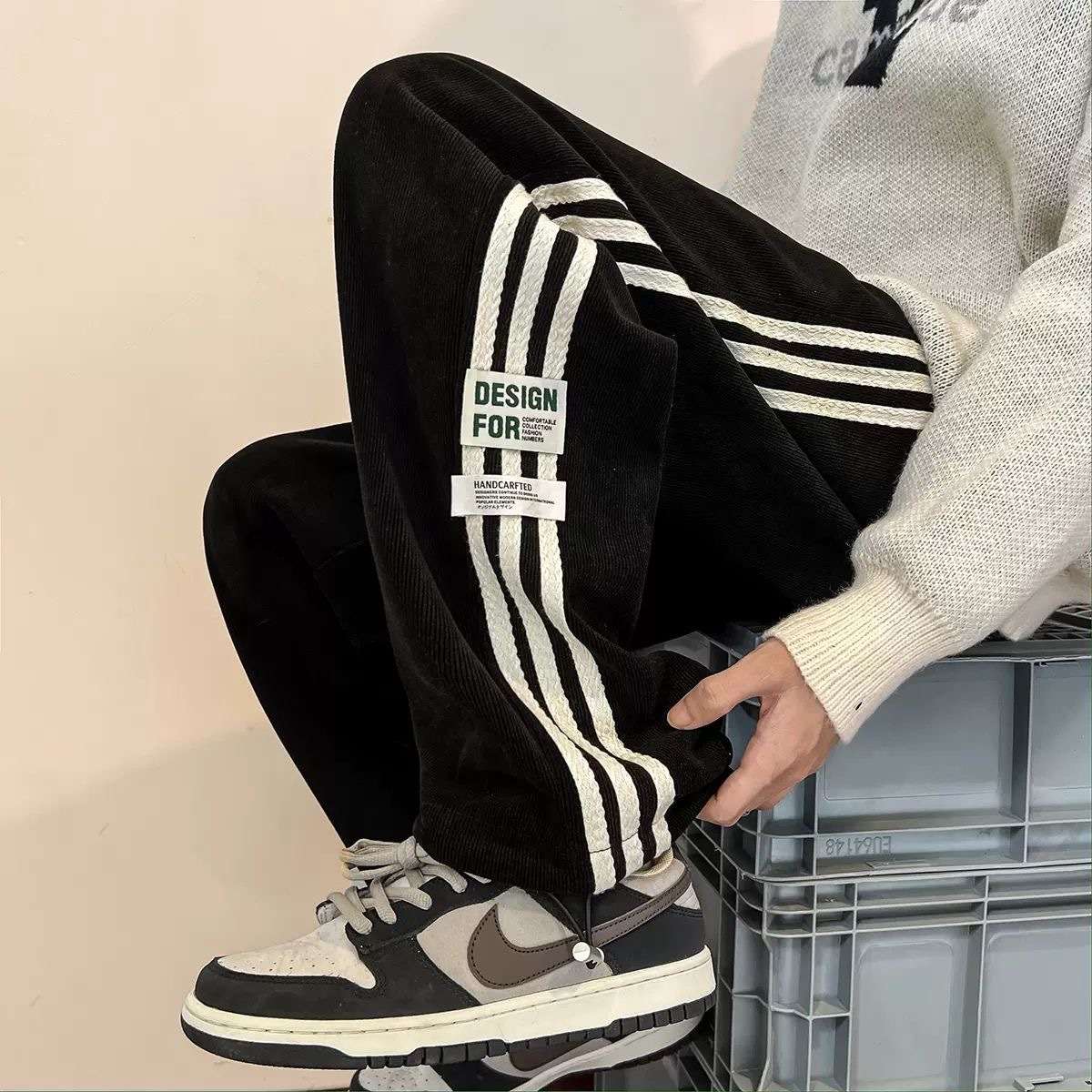554 Men's Spring Autumn Loose Corduroy Trousers Striped Letter Pants
