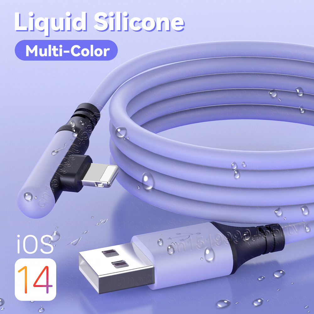 90 Degree USB Cable For iPhone 14 13 12 11 Pro Max XR XS 8 7 6s 5s Fast Charging Charger Liquid Silicone Data Cable 0.3/1.2/1.8/2.5M