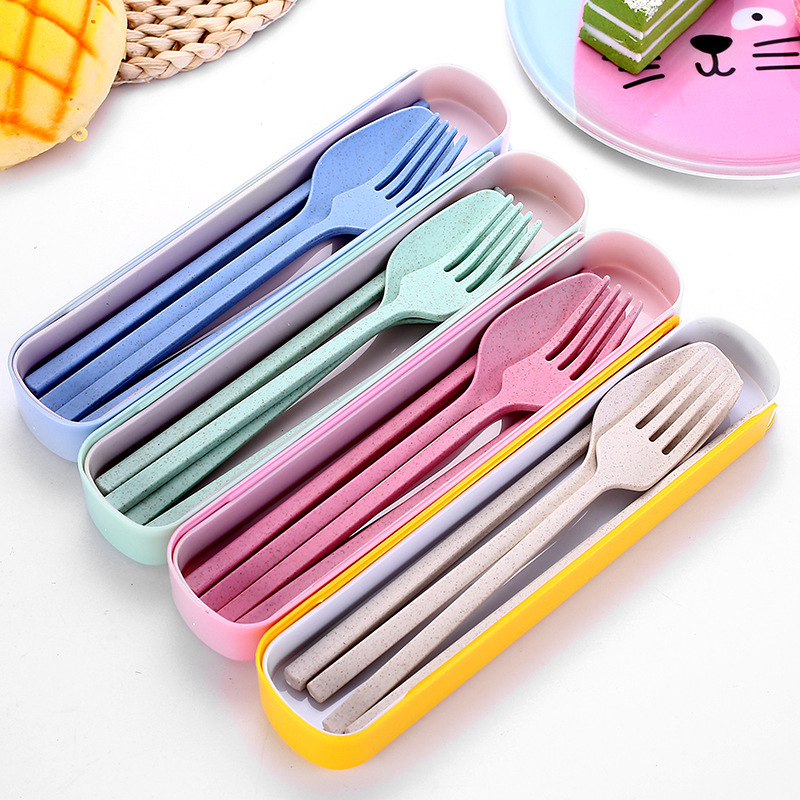 Creative Wheat Straw Portable Tableware Set Knife Fork Spoon Chopsticks With Box Student Office Worker Dinnerware Lunch Cutlery
