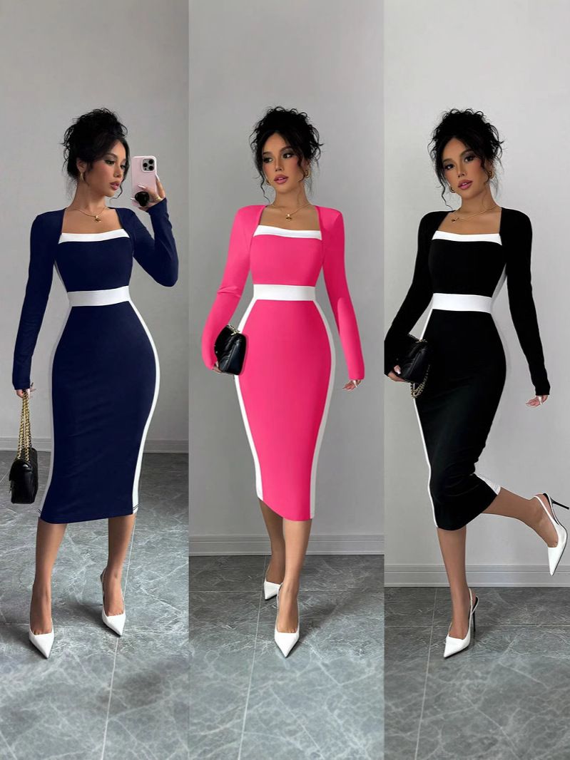 Women's patchwork contrasting mid length skirt sexy hip hugging long sleeved dress